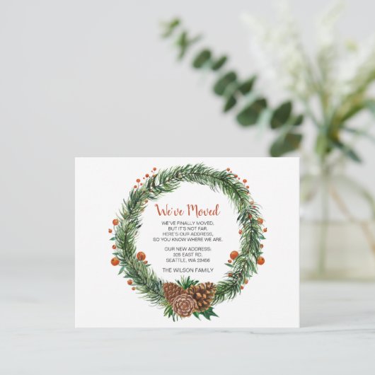 Pine Cone Krans We hebben Verplaatst Vakantie Aank Briefkaart (Staand voorkant)