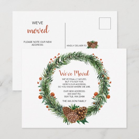 Pine Cone Krans We hebben Verplaatst Vakantie Aank Briefkaart (Voorkant / Achterkant)