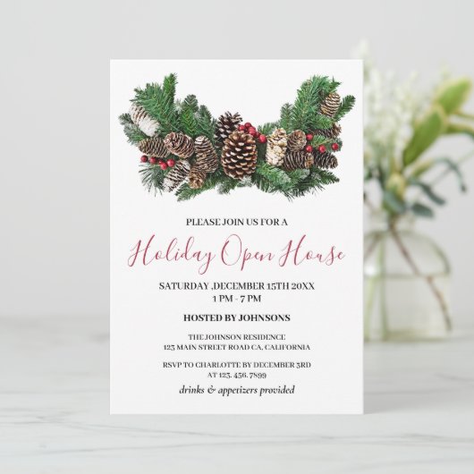 Pine Cone & Leaves Kerstfeestay Open House Kaart (Staand voorkant)