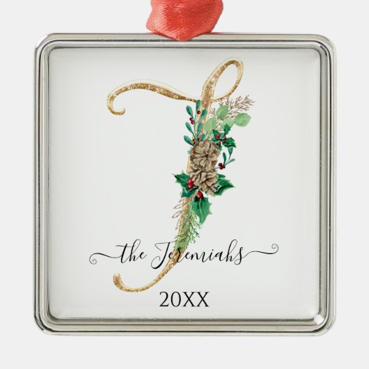 Pine Cone Monogram J Gold Glitter Holly Christmas Metalen Ornament (Voorkant)