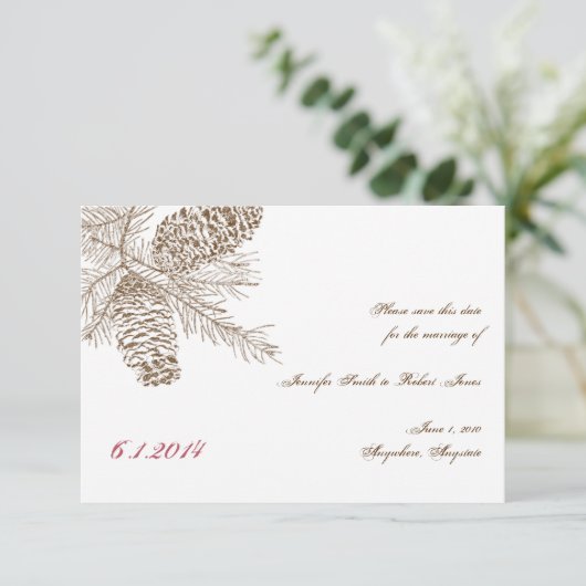 Pine Cone Natuur Bruiloft Save the Date (Staand voorkant)