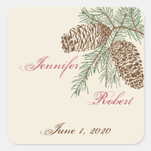 Pine Cone Natuur op Cream Wedding Envelope Seal Vierkante Sticker (Voorkant)