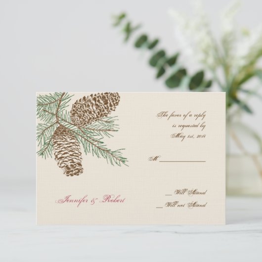 Pine Cone Natuur op Cream Wedding Response Kaart (Staand voorkant)