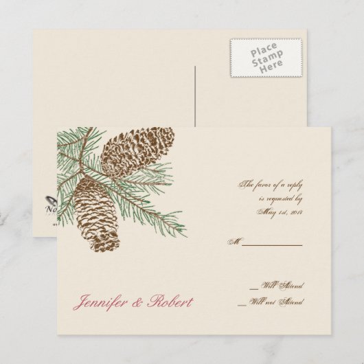 Pine Cone Natuur op Cream Wedding RSVP Briefkaart (Voorkant / Achterkant)