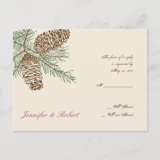 Pine Cone Natuur op Cream Wedding RSVP Briefkaart (Voorkant)