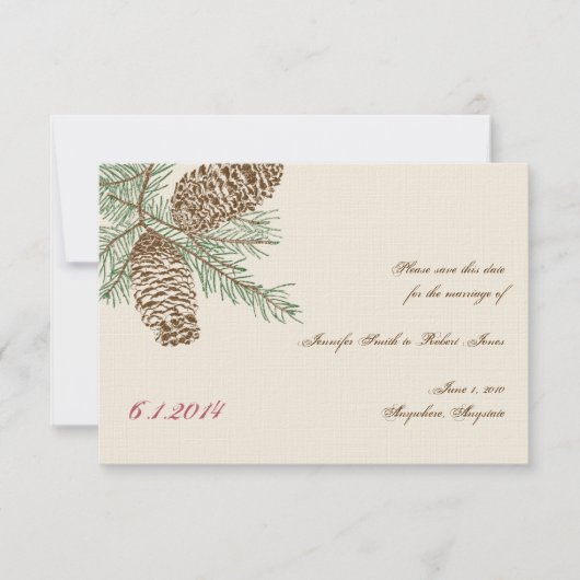 Pine Cone Natuur op Cream Wedding Save the Date Kaart (Voorkant)