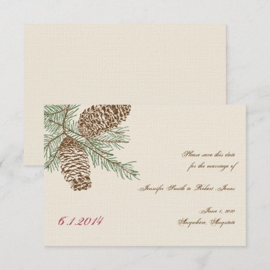 Pine Cone Natuur op Cream Wedding Save the Date Kaart (Voorkant / Achterkant)
