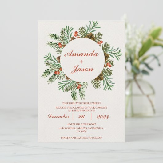 Pine Cone Rode bessen Kerstmis bruiloft uitnodigin (Staand voorkant)