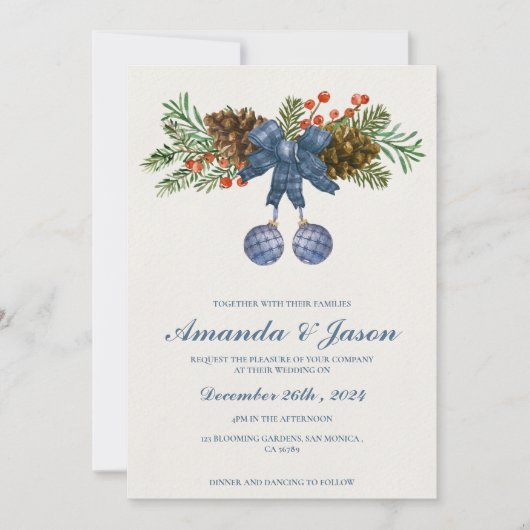 Pine Cone Rode bessen Kerstmis bruiloft uitnodigin (Voorkant)