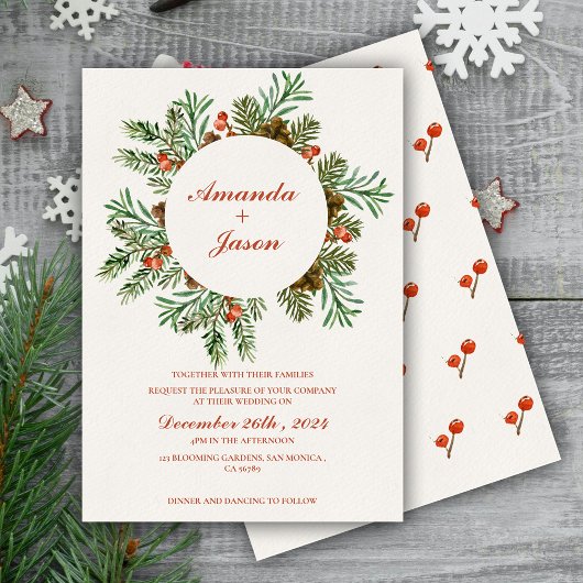 Pine Cone Rode bessen Kerstmis bruiloft uitnodigin