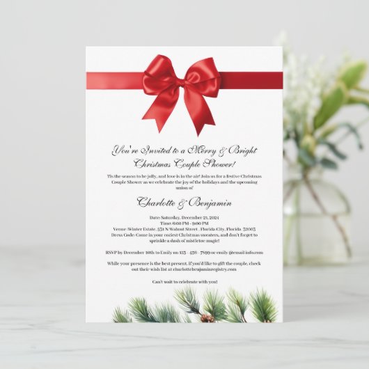 Pine Cone Rood Lint Kerstmis Koppels Douche Kaart (Staand voorkant)