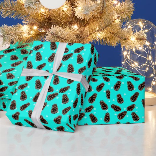 Pine Cone Snowflake Pattern Aqua Wrapping Paper Cadeaupapier (Feestdagen)