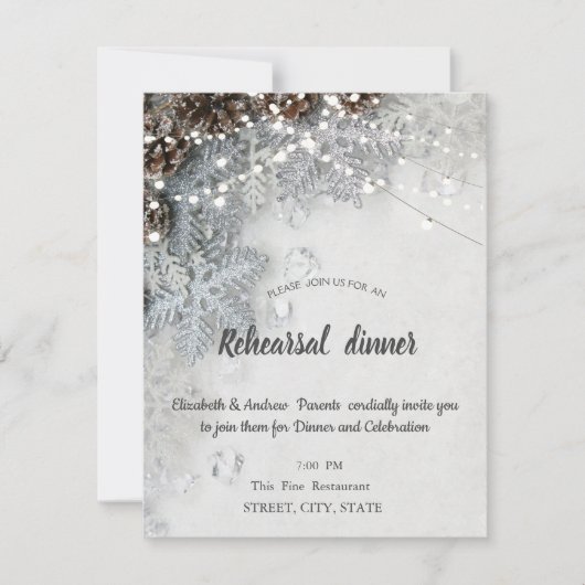 Pine Cone, Snowflakes Rehearsal Dinner Kaart (Voorkant)