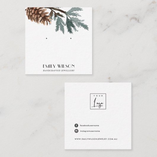 PINE CONE TREE BRANCH FOREST STUD EARRING DISPLAY VIERKANTE VISITEKAARTJE (Voorkant / Achterkant)