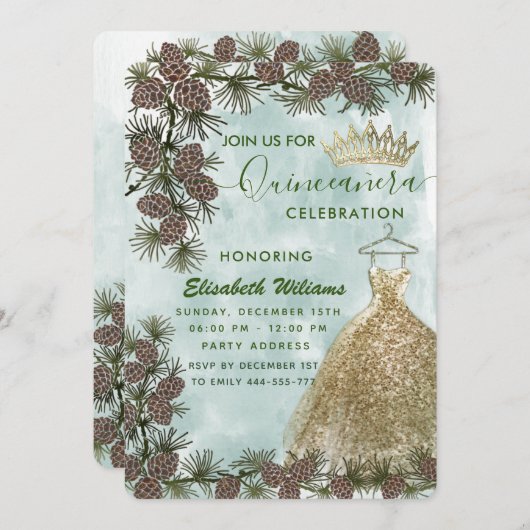 Pine cone waterverf gouden tiara Quinceañera Kaart (Voorkant / Achterkant)
