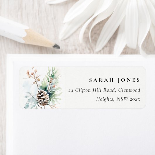 Pine Cone Waterverf Winterbessen Adres Etiket (Insitu)