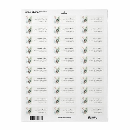 Pine Cone Waterverf Winterbessen Adres Etiket (Full Sheet)