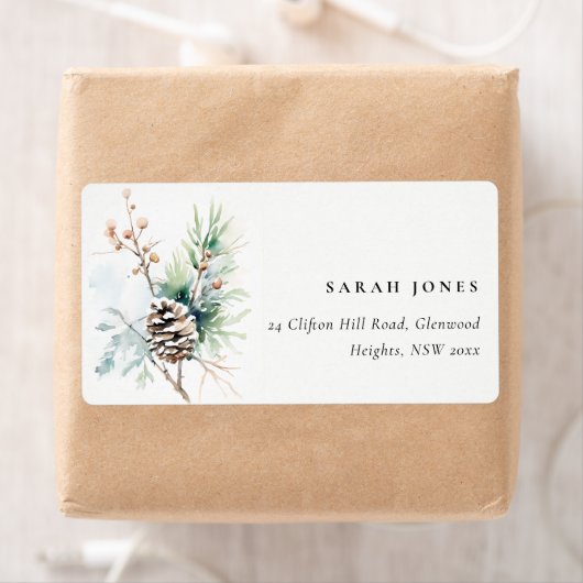 Pine Cone Waterverf Winterbessen Adres Etiket (Insitu)