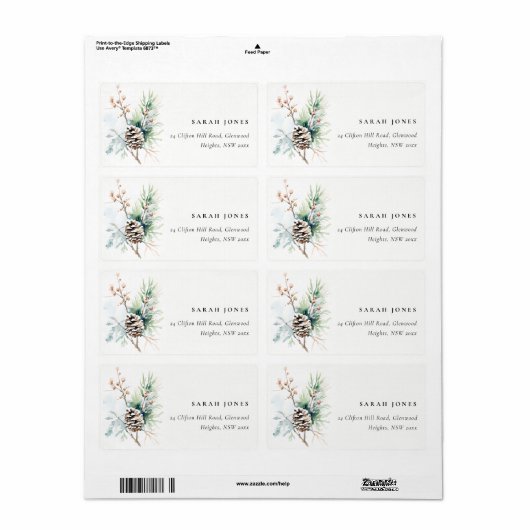 Pine Cone Waterverf Winterbessen Adres Etiket (Full Sheet)