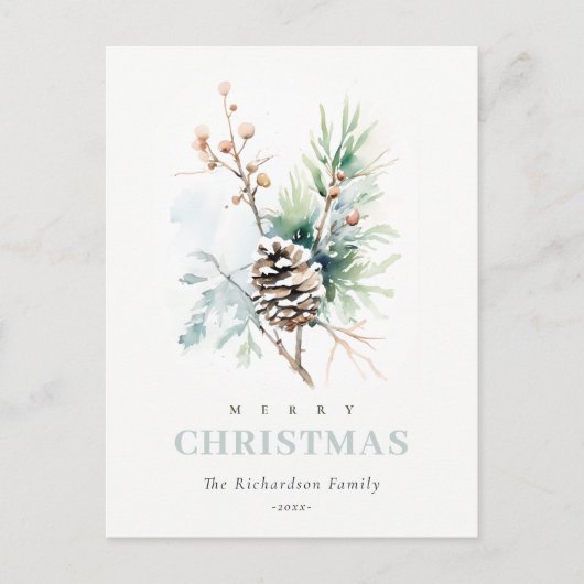 Pine Cone Waterverf Winterbessen Kerst Feestdagenkaart (Voorkant)
