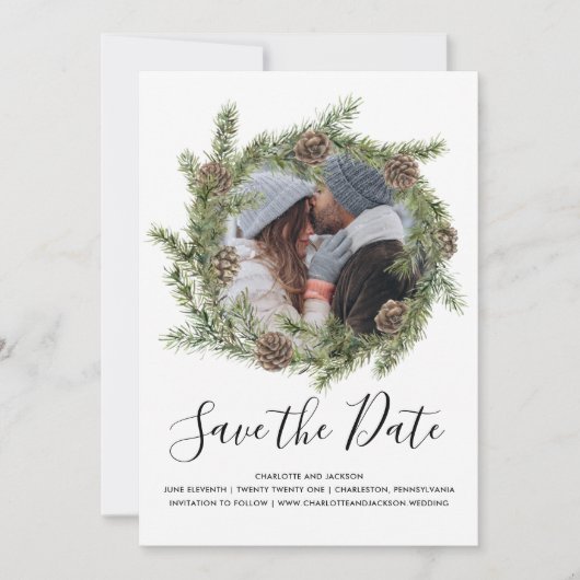 Pine Cone Wreath | De foto bewaart de Datum Save The Date (Voorkant)
