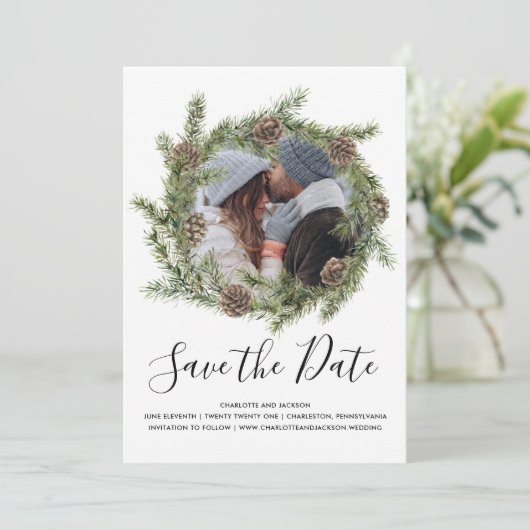 Pine Cone Wreath | De foto bewaart de Datum Save The Date (Staand voorkant)