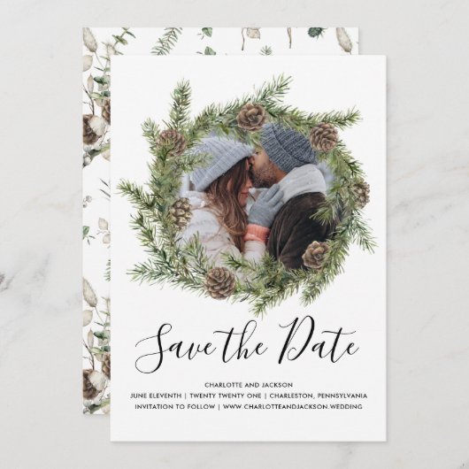Pine Cone Wreath | De foto bewaart de Datum Save The Date (Voorkant / Achterkant)