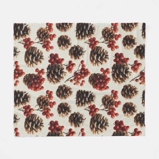 Pine Cones and Red Berries Winter Pattern Fleece Deken (Voorkant (Horizontaal))
