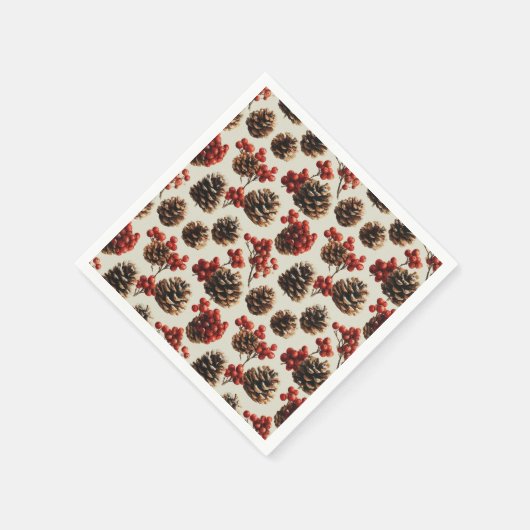 Pine Cones and Red Berries Winter Pattern Servet (Hoek)