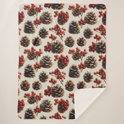 Pine Cones and Red Berries Winter Pattern Sherpa Deken (Voorkant)