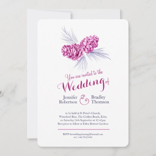 Pine cones art pruim navy winter bruiloft uitnodig kaart (Voorkant)