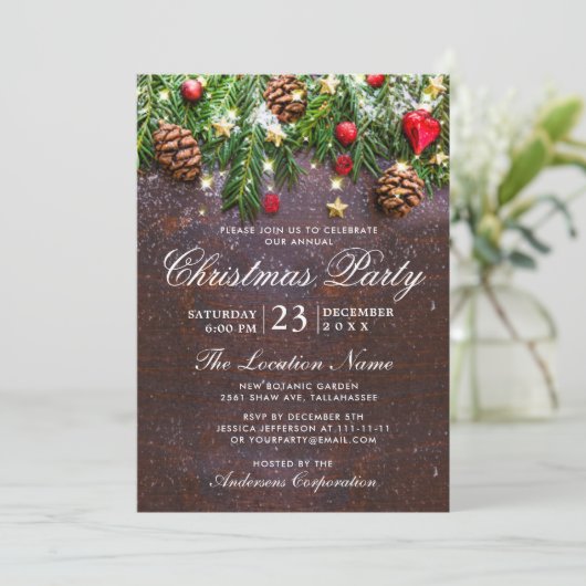 Pine Cones Branch Rustic Corporate Kerstparty Kaart (Staand voorkant)