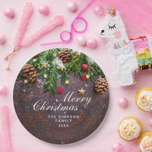 Pine Cones Branch Rustic Holiday Kerstfeest Papieren Bordje (Feest)