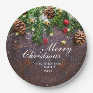 Pine Cones Branch Rustic Holiday Kerstfeest Papieren Bordje