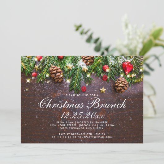 Pine Cones Branch Rustic Holiday Kerstmis Brunch Kaart (Staand voorkant)