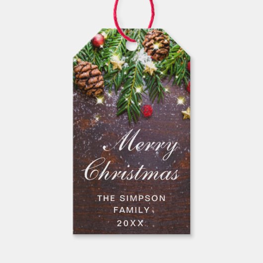 Pine Cones Branch Rustic Kerstfeestdag Cadeaulabel (Voorkant)