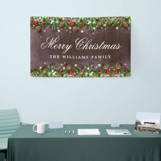 Pine Cones Branch Rustic Wood Kerst Spandoek (Beurs)