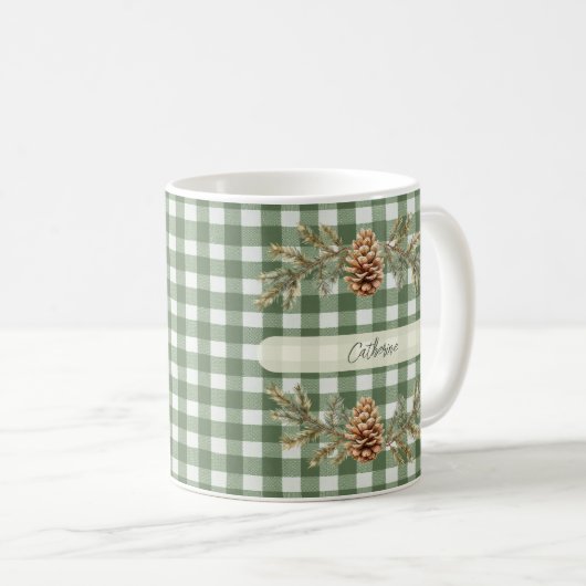 Pine Cones en Branches Gepersonaliseerde Gingham Koffiemok (Voorkant rechts)