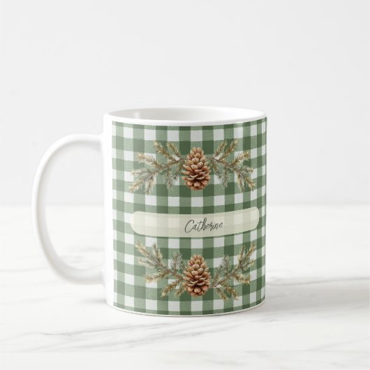 Pine Cones en Branches Gepersonaliseerde Gingham Koffiemok (Links)