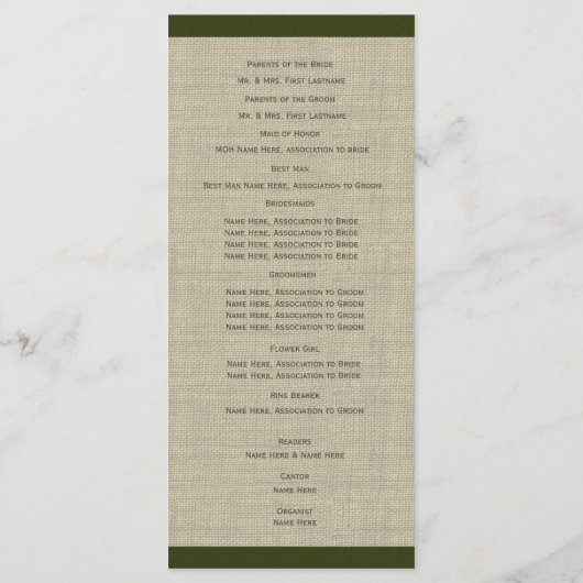 Pine Cones en Burlap Green Wedding Program Programmakaart (Achterkant)