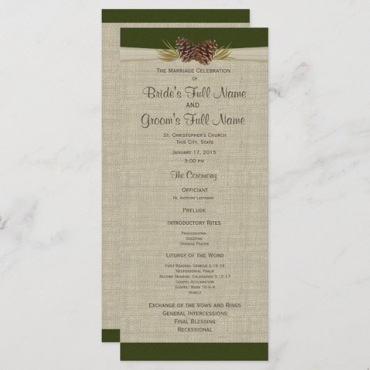 Pine Cones en Burlap Green Wedding Program Programmakaart (Voorkant / Achterkant)