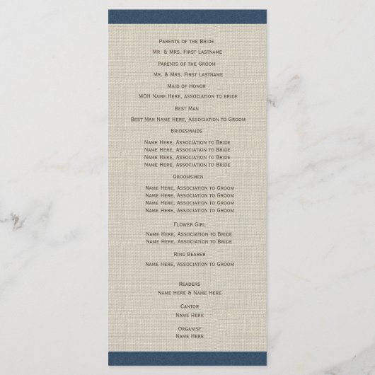 Pine Cones en Burlap Navy Blue Wedding Program Programmakaart (Achterkant)