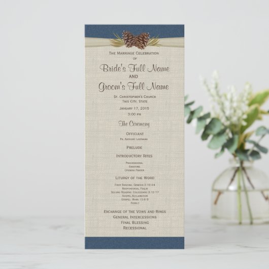 Pine Cones en Burlap Navy Blue Wedding Program Programmakaart (Staand voorkant)