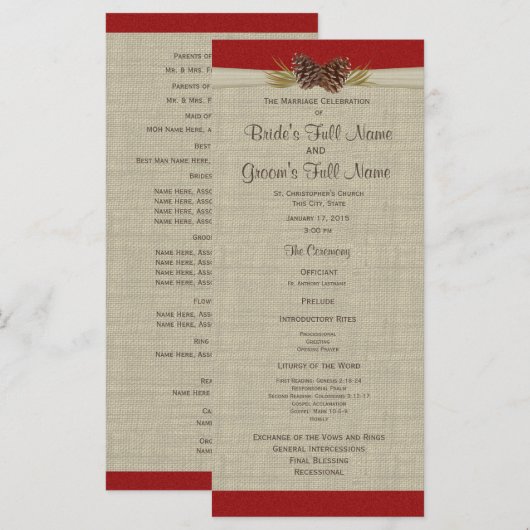 Pine Cones en Burlap Red Wedding Program Programmakaart (Voorkant / Achterkant)