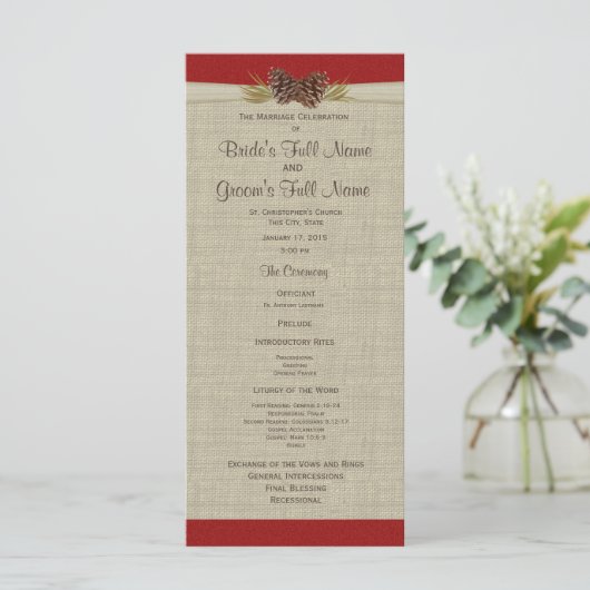 Pine Cones en Burlap Red Wedding Program Programmakaart (Staand voorkant)