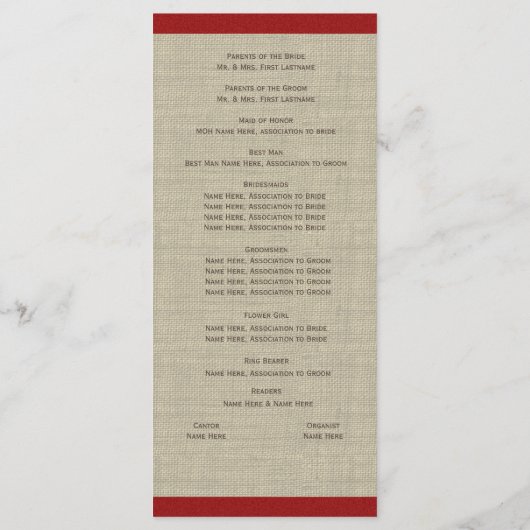 Pine Cones en Burlap Red Wedding Program Programmakaart (Achterkant)
