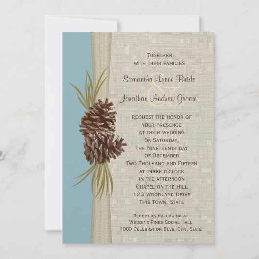 Pine Cones en Burlap Winter Blauw Bruiloft Kaart (Achterkant)