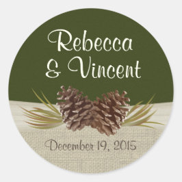Pine Cones en Burlap Woodland Green Ronde Sticker