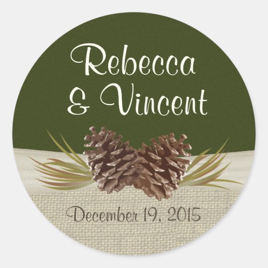 Pine Cones en Burlap Woodland Green Ronde Sticker (Voorkant)