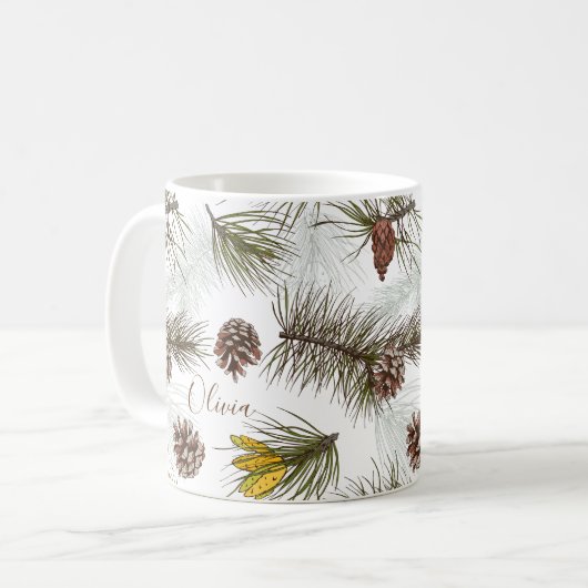 Pine Cones en Evergreen JOUW NAAM Koffiemok (Voorkant links)
